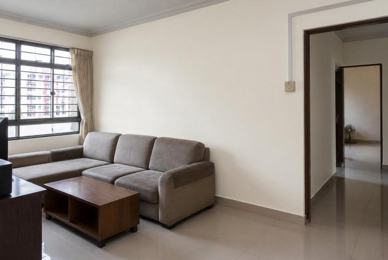 Same HDB living room, walls freshly repainted in warm off-white