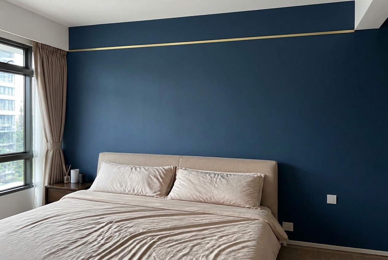 Same condo bedroom, feature wall repainted in deep navy with brass detail