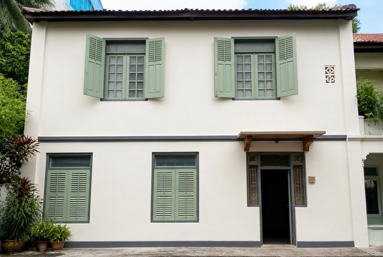 Same landed house, exterior repainted in crisp warm white with sage-green shutters
